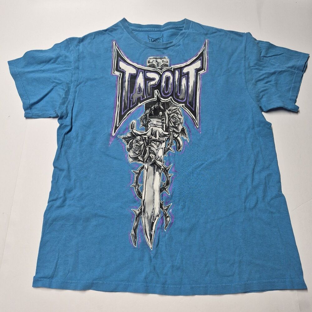 Vintage Y2K Tapout T Shirt Large Blue Dagger Sword Roses MMA Cyber Grunge EUC